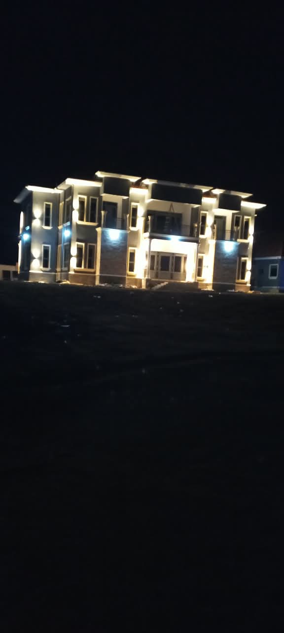 Building with completed exterior lighting