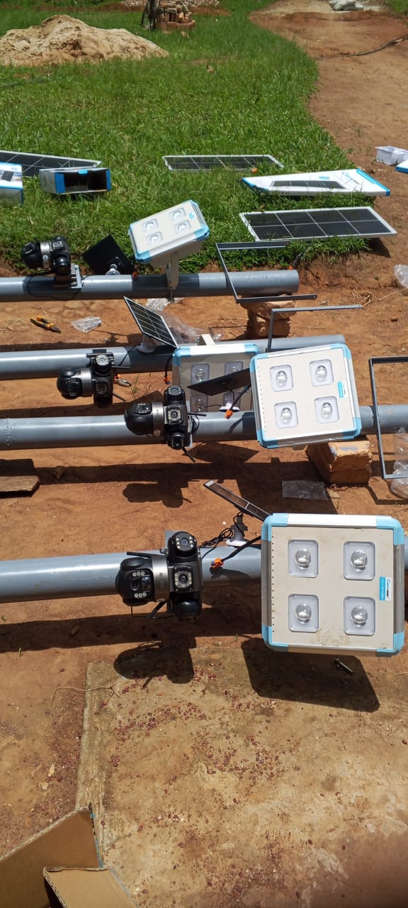 Solar lighting and security equipment prepared for installation